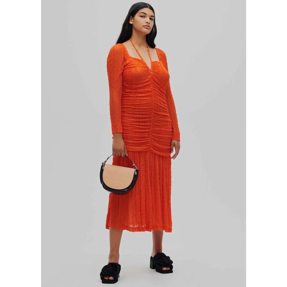 Ganni NWOT Orange Ruched Lace Midi Dress Size 6 - Picture 3 of 12